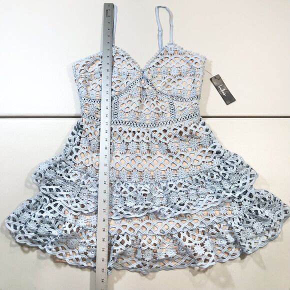 LULUS Dress Womens Beauty and Lace Blue Crochet Lace Mini Zipper Adjustable Sz M - Picture 8 of 10